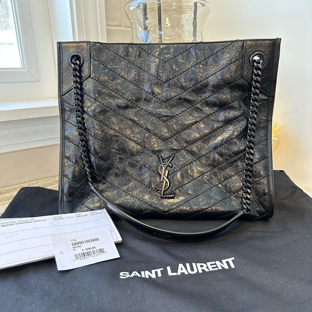 Saint Laurent Niki Medium Crinkled Calf Shopper Tote Bag